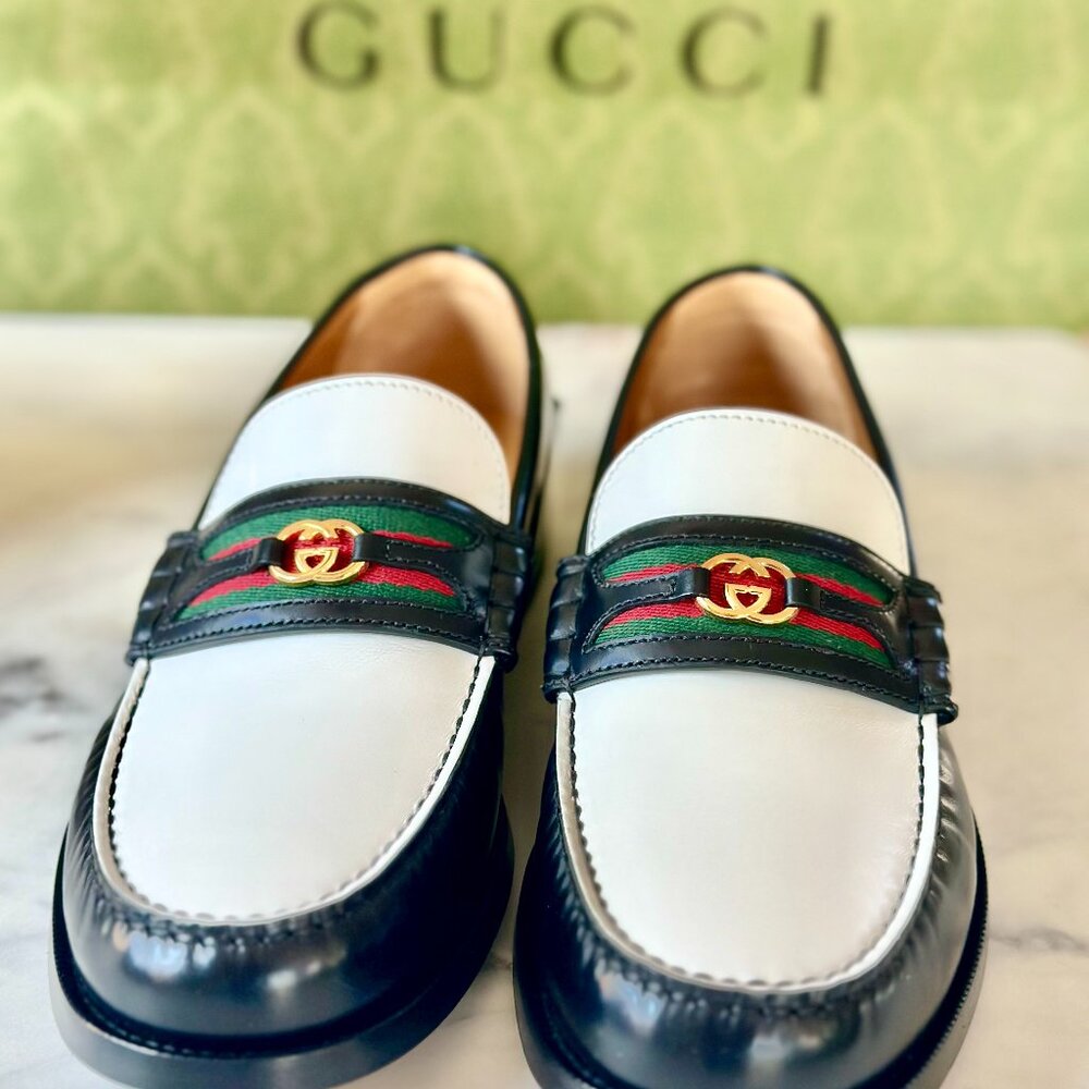 GUCCI Leather Men Loafers Shoes Millenial Ribot Black White Style 644724 - NWB